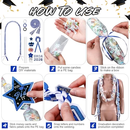 Graduation Candy Lei Making Kit Class of 2026 DIY Lei PE Bags Tubing Money Leis 2026 Graduation Ribbon Necklace Include 2 x 5 ft PE Bags 90 Pcs Flower Accessories for Grad Party Supplies (Blue, White) - color: Blue, White