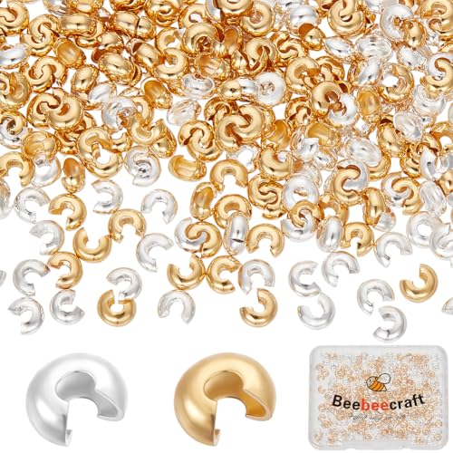 Beebeecraft 1 Box 300Pcs Crimp Bead Covers 18K Gold&925 Sterling Silver Plated 4x3mm Small Open Half Round Crimping Knot Cover Spacer Beads End Tips for Jewelry Making Beading DIY Crafts Bracelets - color: Gold and Silver, size: 3mm