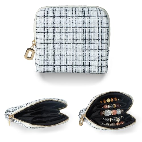 Travel Jewelry Case, Small Tweed Jewelry Bag with Zipper, 5-Layer Anti-Scratch Pouch for Bracelets Necklaces Earrings, Tangle-Free Jewelry Storage, Gift for Her Tweed Black White - color: WOVEN-BlackWhite