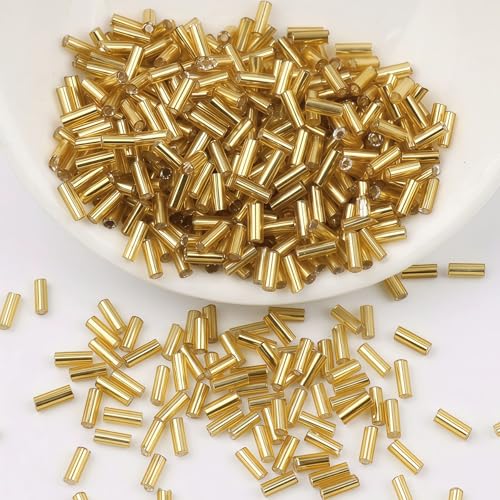 2000Pcs Tube Seed Beads 2x7mm Mini Long Glass Bugle Bead Small Craft Loose Spacer Beads for DIY Phone Charms Waist Bead Bracelets Earrings Necklaces (Golden) - color: Golden