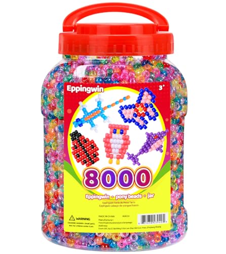 Eppingwin 8000+pcs Wholesale Large Pony Beads (6x9 mm) Bucket, Easy Storage Kandi Bead Bulk, Beads for Jewelry Making, Crafts(Glitter) - color: Glitter Color, size: 8000+ Beads (1 Pack)