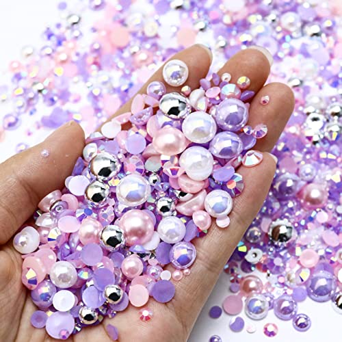 60g Mix Pearls and Rhinestones for Crafts, 2mm-10mm Flatback for Tumblers Shoes Nails Face Art, Bedazzling Half Pearls and Jelly Rhinestones, Pink|Purple|White - color: Pink Fairytale Blend | Mix Pink | Purple | White