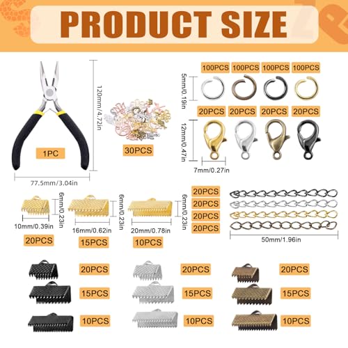 Tanstic 771Pcs 4 Colors Ribbon Ends Fastener Clasps Kit, Bookmark Pinch Crimp Ends with Jump Rings, Lobster Claw Clasps, Chain Extenders, Pendant Charms and Jewelry Pliers for DIY Crafts - color: Ribbon Ends + Jewelry Clasps + Jump Rings