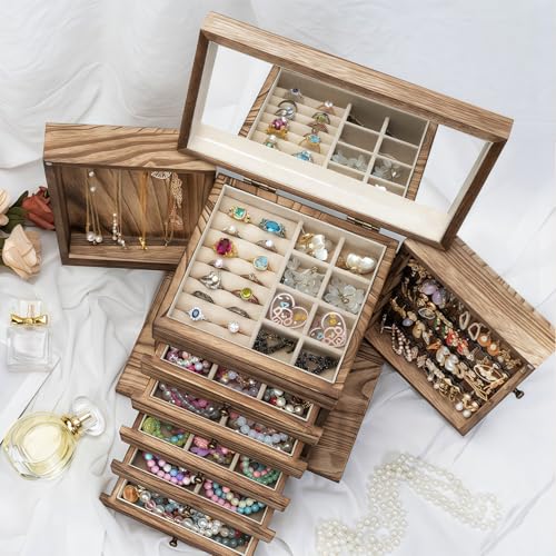 Emfogo Wooden Jewelry Box for Women, 6-Tier Large Jewelry Organizer Boxes with Mirror Rustic Solid Wood jewlery Storage Display for Rings Earrings Necklaces Bracelets watches(Carbonized Brown)