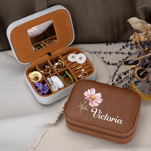 Custom Leather Jewelry Box with Name & Birth Flower Month, Birthday Gifts for Women, Personalized Jewelry Travel Case - Customized Jewelry Organizer Box, Mom Birthday Gifts, Tan - color: Tan
