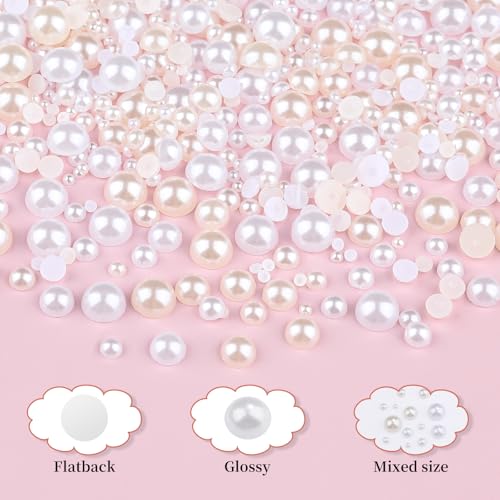 2100Pcs Flatback Nail Pearls Gems, 1.5-5mm White Beige Beads Half Round Nail Charms Beads with Pickup Pencil and Tweezers for Crafting Face Hair Manicure (11-K1-half-pearls-beige-white) - color: 11-K1-half-pearls-beige-white
