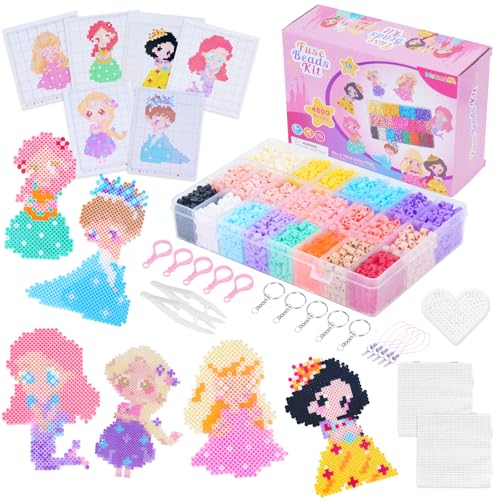 Meland Princess Fuse Beads Craft Kit for Girls, 5mm Beads Set with Pegboards & Accessories, Creative DIY Art Toy for Kids Ages 5-12, Perfect Birthday or Christmas Gift for Little Princesses - size: 4800 pcs without Iron
