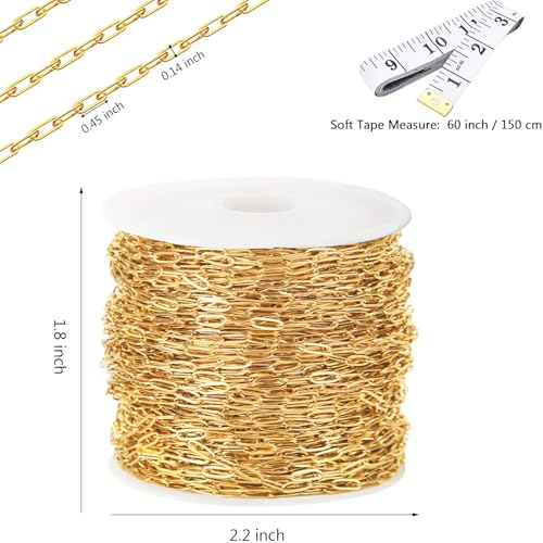 16Ft Stainless Steel Paperclip Chain for Jewelry Making, 3.5mm Width Gold Plated Paper Clip Link Chains Roll for DIY Necklace Bracelet Jewelry Making Supplies with Lobster Clasps Soft Tape Measure - color: Paperclip 3.5mm Gold