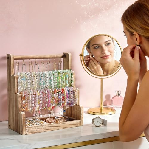 Emfogo Jewelry Organizer Stand, 4 Tier Wood Bracelet Holder With Necklace Holder, Rustic Large Capacity Jewelry Holder Display for Bracelets Bangles Necklaces Rings Watches Scrunchies (Rustic Brown)