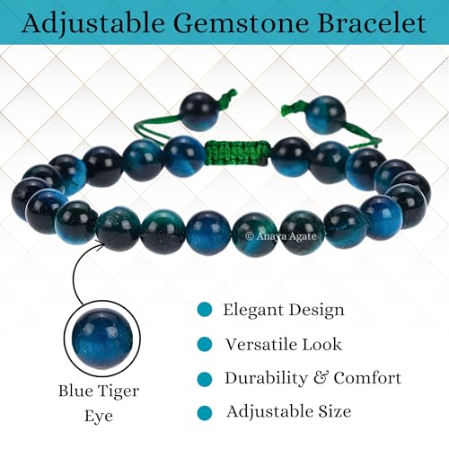 ANAYA AGATE Energy Protection Crystal Handmade Adjustable Bead Bracelet Perfect for Men, Women’s Christmas Gift - Gemstone Healing Stretch Bracelet Pulsera Para Hombre Mujer Stocking Stuffer - color: Blue Tiger Eye