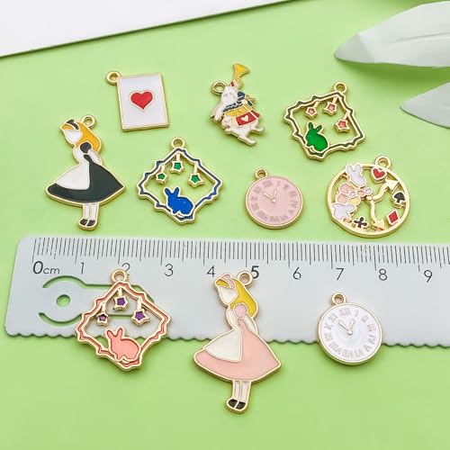 40pcs Alloy enamel dripping oil Alice set tea party scene character posture Pendant Jewelry Making DIY Keychain Earrings Pendant Various Design Charms for Jewelry Making Bracelets Necklace(HK372) - color: HK372