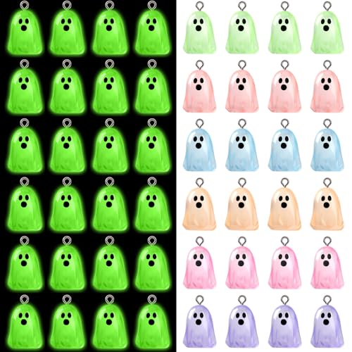 Augshy 64 Pcs Halloween Ghost Charms, Resin Ghost Charms Luminous Ghost Beads Halloween Pendant Bulk Glow in The Dark Ornament for DIY Bracelet Necklace Earrings Jewelry Making Accessories Decorations - style: Halloween Style