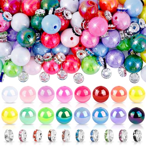 HUISUYTON 320 PCS Beads for Pens, 14 mm Focal Beads & 8 mm Rhinestone Spacers Bead, Fit for Beadable Pens Bracelets Keychains Jewelry Making, Rainbow Acrylic Bead, Christmas Gifts - color: 320 PCS 14mm Bubblegum Beads Set