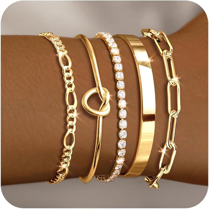 Gold Bracelets for Women 18k Gold Plated Bracelet Stack Bangle Cuff Bracelet Set for Women Non Tarnish Beaded/Paperclip/Cuban Link Chain Bracelets Jewelry for Women Trendy