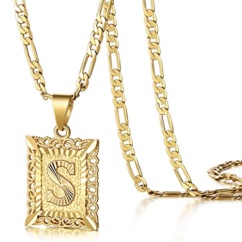 KissYan Initial Letter Pendant Necklace for Men Women, 14K Gold Plated Square Capital Monogram Necklace Alphabets from A-Z Figaro Chain Jewelry - color: 1-Gold, style: S