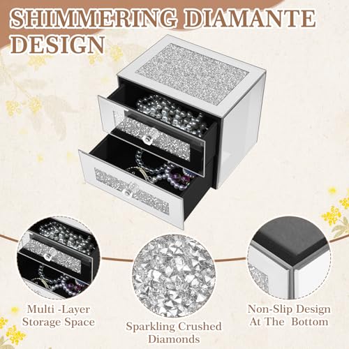 Kenning Silver Jewelry Box 2 Layer Glass Box for Women Mother's Day Crystal Jewelry Organizer Storage Luxury Necklaces Earrings Rings Bracelets Organizer for Mom Gift Decoration