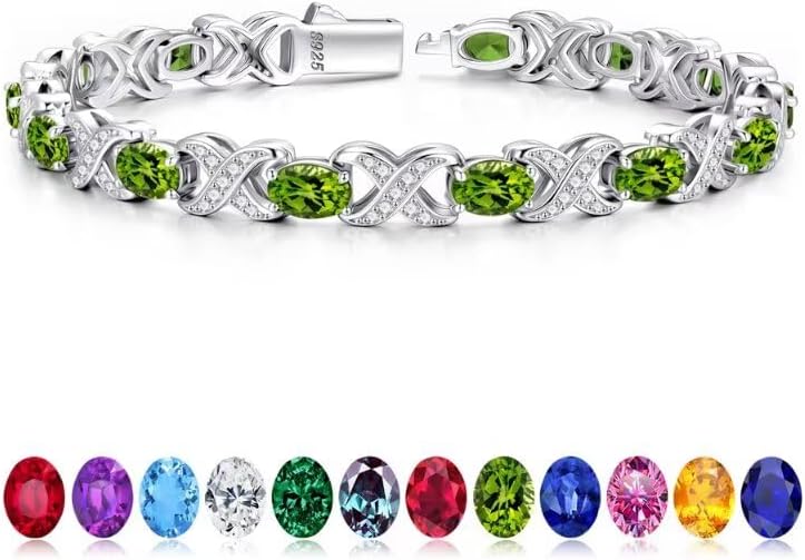 Iefil Valentines Day Gifts for Her, Oval Birthstone Tennis Bracelets for Women Wife Unique X O Design Fine Jewelry Anniversary Birthday Gift 925 Sterling Silver Birthstone Jewelry for Mom Girlfriend