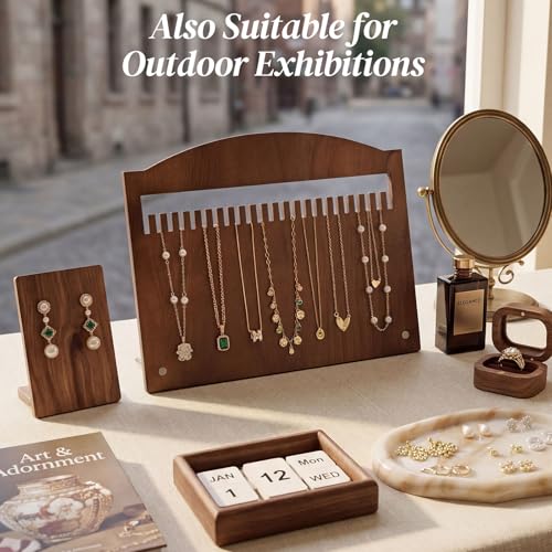 SCUNDA Wooden Jewelry Stand, Wooden Necklace Display Stand with 23 Slots, Real Wood Jewelry Organizer Board for Women, Portable Necklace Holder for Craft Fairs, Home, and Exhibitions, 11" x 7.9"