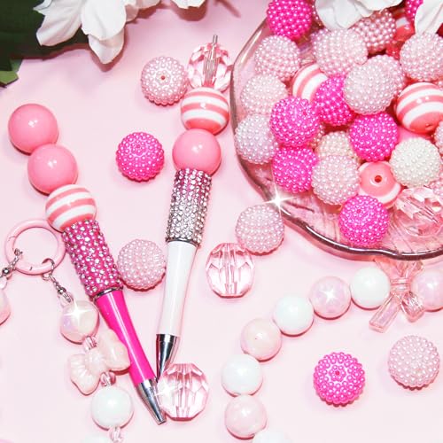48 Pcs 20mm Beads for Pens Bubblegum Beads Pink Crystal Acrylic Round Chunky Beads Sparkly Large Balls Beads for Pen Beadable Keychain Bracelet Necklace DIY Jewelry Making Supplies - color: Pink Color