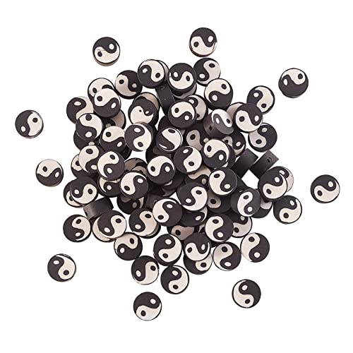 Airssory 100 Pcs Black and White Manmade Polymer Clay Soft Beads Flat Round with Taiji Ying Yang Sign Loose Bead Spacer for Lucky Jewelry Making - color: Yin Yang Beads_Black and White