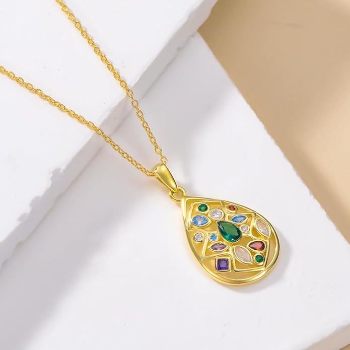 Gemstone Necklaces for Women 14K Yellow Gold Plated Silver Colorful Pendant Necklace Multicolor Cubic Zirconia Heart Pearshaped Jewelry for Mother Wife Daughter