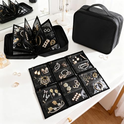 Greenfeather Anti Tarnish Jewelry Storage, Portable Jewelry Binder Organizer Travel with 6 Pcs Clear Zipper Velvet Pouches for Storing Earrings Rings Necklace Bracelet Watch 36 Compartments, Black - color: Black
