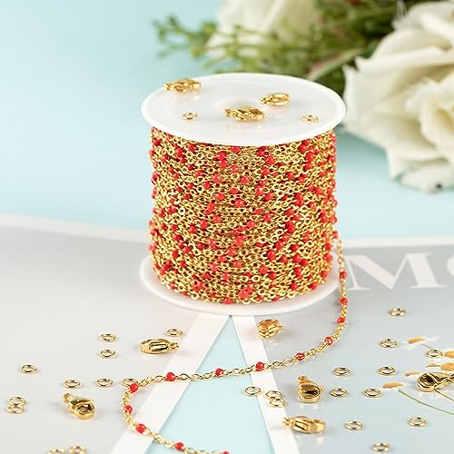 UMAOKANG 10 Meters Gold Plated Chains for Jewelry Making Red Enamel Bead Stainless Steel Chain for Women Necklace DIY Craft - color: Gold-Red Enamel