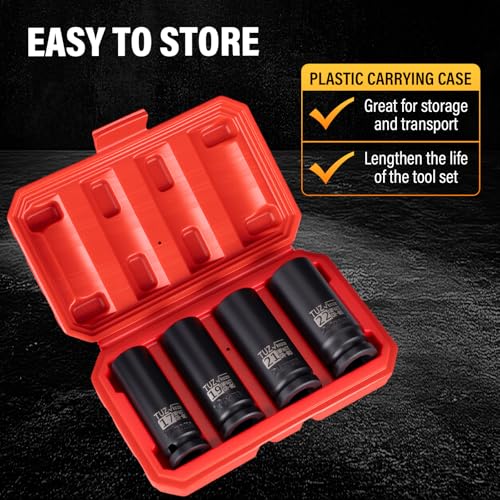 4 Pieces 1/2 inch Drive Deep Impact Socket Set,Metric,17mm 19mm 21mm 22mm,Cr-Mo,6-Point,Spindle Axle Nut Impact Socket - size: 1/2" Deep 4pc