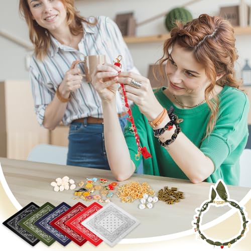 Misdary 276 Pcs DIY Bandana Necklace Scarf with Charm Choker with Pearl Western Cowgirl Boho Gold Charms Resin Charms Sea Shell Charm Adjustable Jewelry Scarf Necklaces Bandanas for Women Men