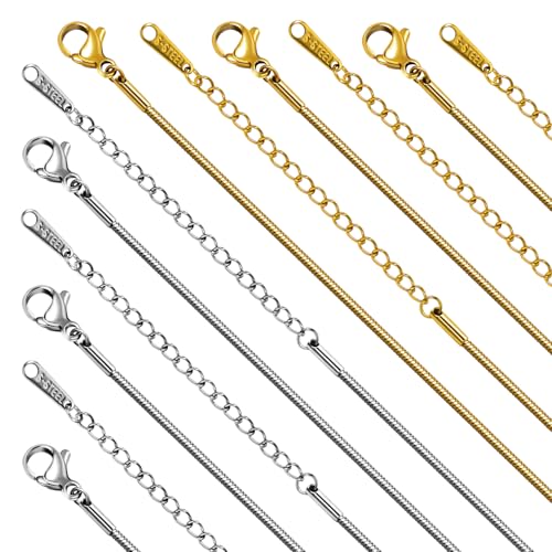 Jabogrii 20 Pack Gold and Silver Necklace Chain for Jewelry Making Stainless Steel Snake Necklace Bulk 18 Inches Handmade Jewelry Chain with Lobster Clasps Extender - color: Snake Chain