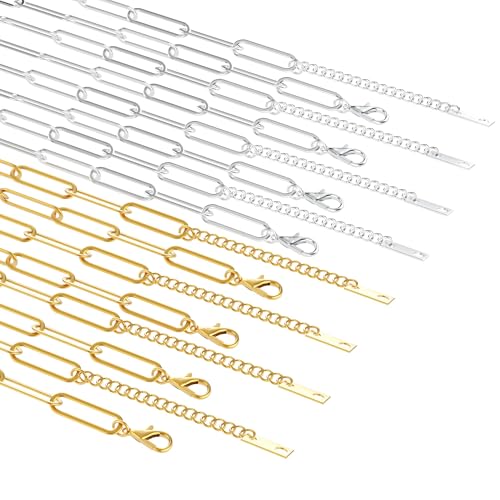 16 Pack 4mm 18K Gold Plated Paperclip Charm Necklace Chains Bulk for Jewelry Making 18Inch 18K Gold Plated and Stainless Steel Necklace Chain with 2 Inch Extension Chain for Women - color: 16 PCS 18K Gold+Silver