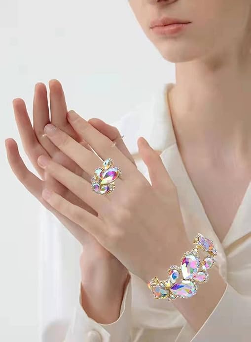 Women's Wedding Bridal Austrian Crystal Glass Teardrop Statement Necklace Dangle Earrings Bracelet Ring Wedding Party Jewelry Set for Bridal Bridesmaid