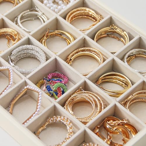Stackable Jewelry Organizer Tray For Drawers,White Leather Small Earring Storage Tray,Bracelet And Necklace Display Box,Jewelry Ring Display Case (24 Grids) - style: 24 Grids