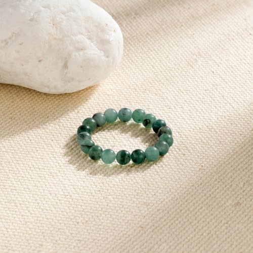 NLIEO Natural Gemstone Stretch Beaded Rings for Women Stackable Dainty Elastic Crystal Rings Jewelry - style: Emerald