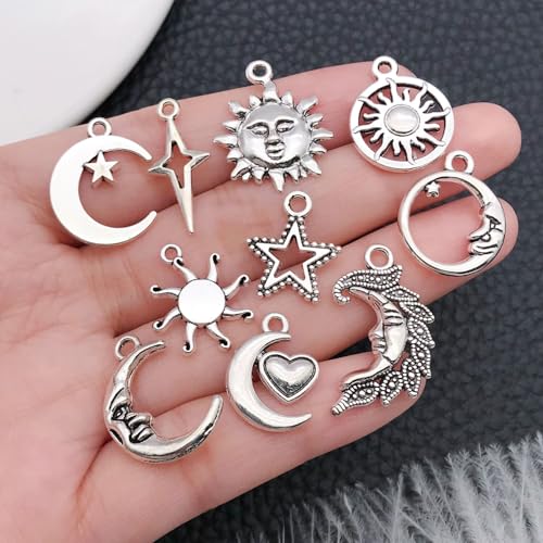 WOCRAFT 60pcs Antique Silver Sun Moon Star Bracelet Charms for Jewelry Making Sets DIY Necklace Bracelet Keychain Crafting Charms Kit Craft Supplies (SN833) - color: Antique Silver, size: Sun Moon Star Charms