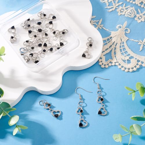 FASHEWELRY 15Pcs Crystal Rhinestone Heart Pendants, Hollow Heart Alloy Dangle Charms Black Glass Love Charms Platinum for DIY Valentine's Day Necklace Earring Jewelry Making - color: Heart-Black