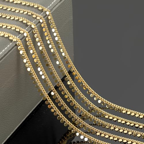 YOUBEIYEE 9.8 Feet 18K Gold Plated Brass Jewelry Chains Bulk Twisted Curb Link Chain Roll Shiny Sequin Waist Chain DIY for Women Jewelry Supplies Findings - color: Sequin