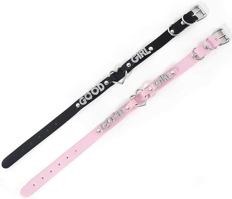 Succuba Handmade Heart Ring Rhinestone Letter Pu Leather Choker Collar Necklace for Women and Men