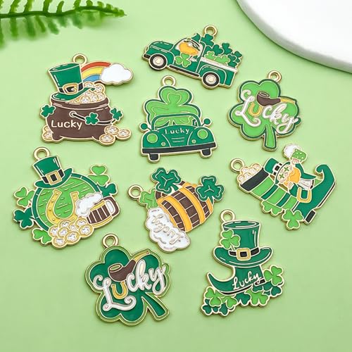 18pcs Alloy enamel green Irish Festival St. Patrick's Day clover carriage beer glass Jewelry Making DIY Keychain Earrings Pendant Various Design Charms for Jewelry Making Bracelets Necklace(SN1086) - color: SN1086