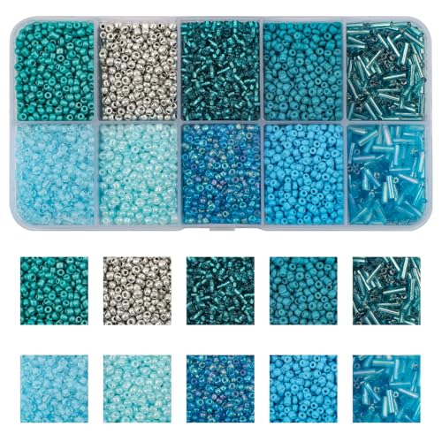 Approx 5000pcs 12/0 Glass Seed Beads for Jewelry Making, 2mm Mix 10 Colors Tube Beads Glass Bugle Beads Waist Beads Kit for Bracelets Necklaces Earrings DIY Supplies (Lake Blue) - color: Lake Blue