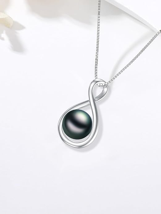Tahitian Black Pearl 18K White Gold Plated Sterling Silver Heart/Infinity/Four Leaf Clover Pendant Necklace Jewelry Gifts for Women Wife Mom Girlfriend Wedding Birthday Anniversary Christmas