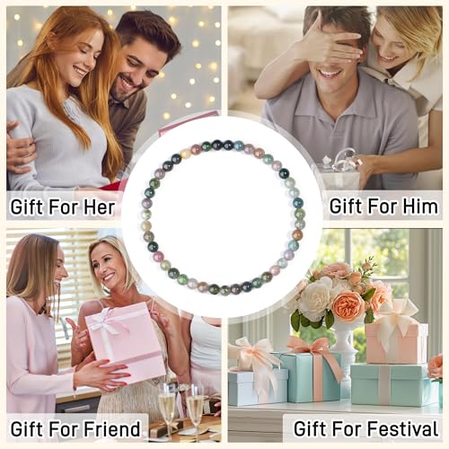 MAIBAOTA Healing Crystal Bracelet for Women Men, 8/4 mm Natural Stone Beaded Bracelets, Jewelry Birthday Gifts, Round Gemstones Stretch Bracelets - color: Multi-Indian Agate, size: 4 mm