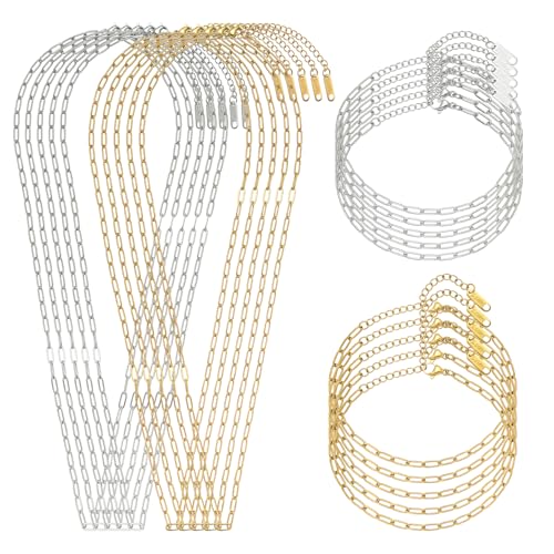 20 PCS Paperclip Chain Bracelet Necklace Kit Stainless Steel Charm Bulk Chains with Extender for DIY Jewelry Making Supplies Accessories (Gold + Steel - color: 3x7.5mm Gold Silver
