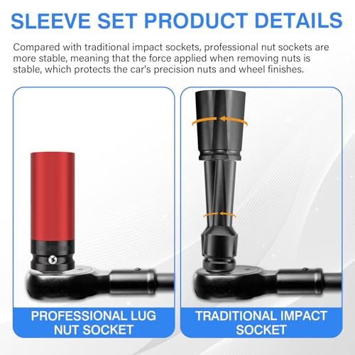4PCS 1/2" Drive Wheel Protector Impact Socket, Non-Marring Lug Nut Deep Socket Set, CR-MO, 6 Point, Color-Coded Protective Socket | Metric 17 19 21 22 mm - size: 1/2" Protective Cover Sockets 4pcs