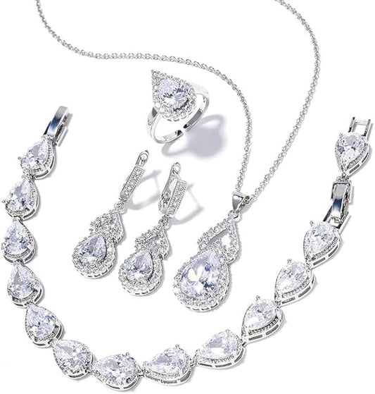 Classic Jewelry Set—Perfect for Weddings, Galas, and Everyday Wear—Includes Bracelet, Ring, Pendant Earrings, and Necklace ，Birthday Gift for Mother/Wife/Sister/Best Friend