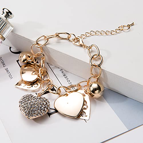SILANER Gold Chain Link Bracelet - 7"+ 2" Extender 14K Gold Plated Love Locked Bracelets for Women, with Crystal, Love Heart,Key, Lock, Charm Bracelet - color: Ture Love Charm