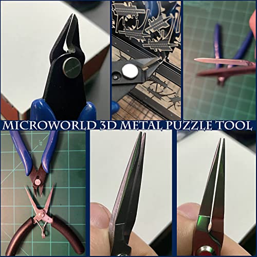 Microworld 3D Metal Model Tools, 2Pcs/Set Mini Flat Nose Plier Nipper Tool with Comfort Grip Handle, Professional for DIY 3D Metal Puzzle Model Kit Jigsaw Assembling