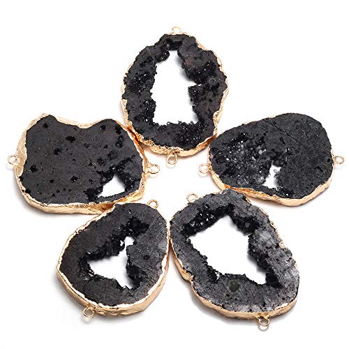 5Pcs Natural Druzy Agate Links Necklace Pendants Gemstone Charm Connectors Golden Plated for Necklace Bracelet Jewelry Making - color: Black, size: 30-35mm
