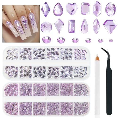qiipii Amethyst Purple Nail Rhinestones Multi Shapes Crystal Flatback K9 Glass Light Purple Stones Gems Round Beads Diamonds Jewels w Wax Pen Charms for Nails Face Eyes Makeup Clothes Shoes DIY Crafts - color: Amethyst Purple, size: A Set