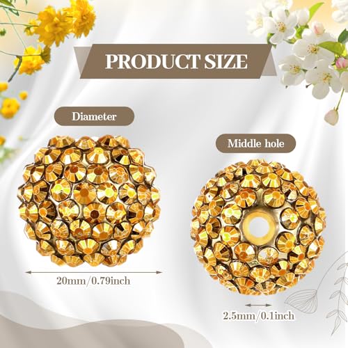 40 Pcs 20 mm Rhinestone Beads Bulk Crystal Round Disco Ball Chunky Bubblegum Beads for Pens Bracelets Charms Craft European Style Jewelry Making Supplies Christmas(Gold) - color: Gold